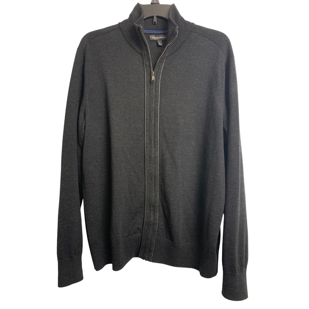 Banana Republic Merino Wool Full‎ Zip Sweater Black Mock Neck Large